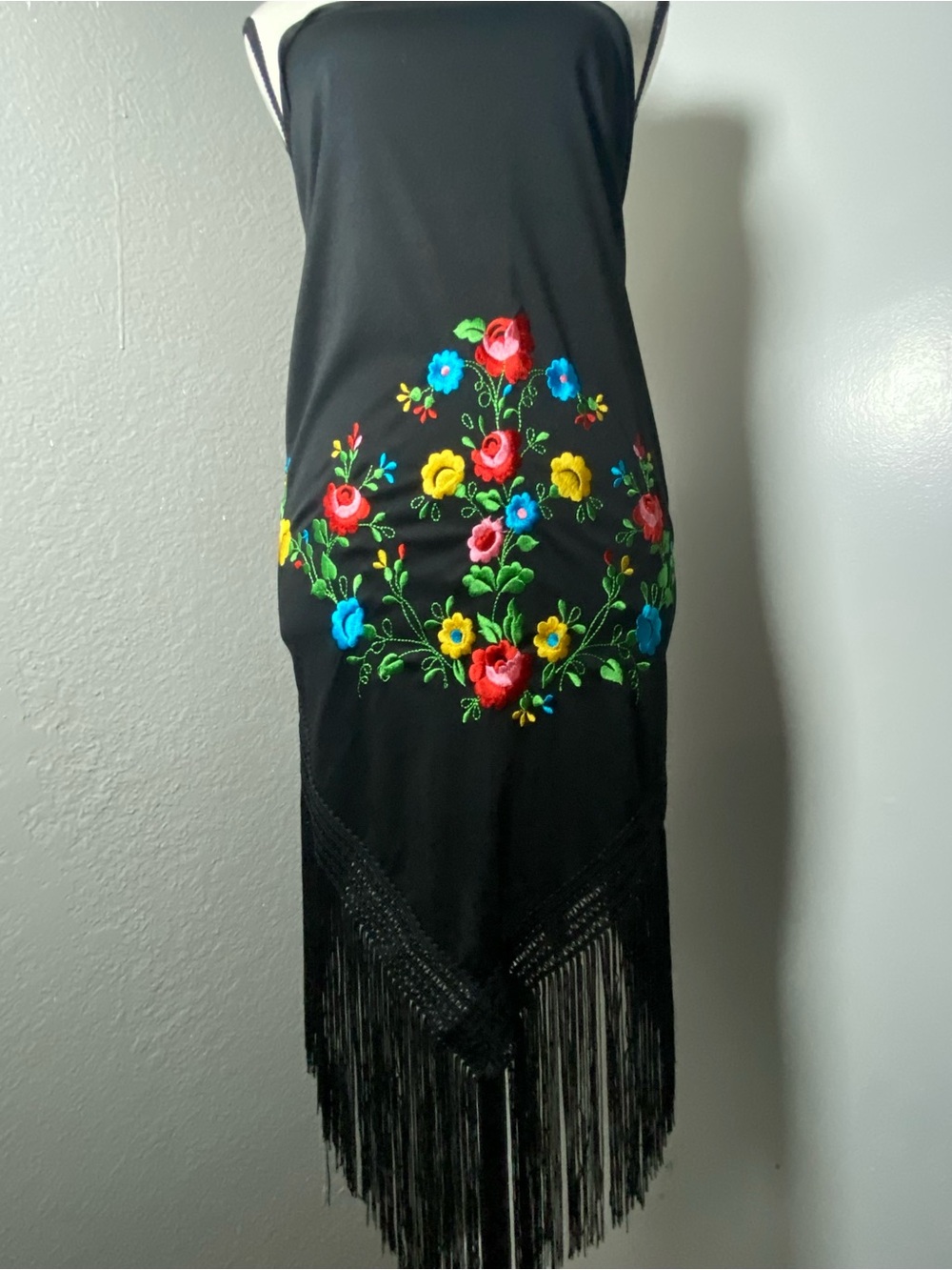 Y2K Boho Black Multicolor Floral Embroidered Fringe Triangle Shawl
